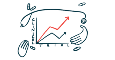 Clinical trial results are shown with a bar graph, with a stethoscope, pills and hands surrounding the graph.