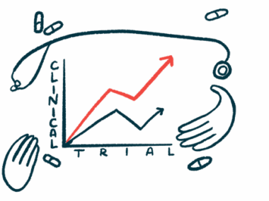 Clinical trial results are shown with a bar graph, with a stethoscope, pills and hands surrounding the graph.