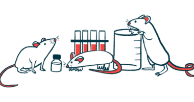 A trio of mice climb in and around a beaker and several vials of blood in a laboratory.