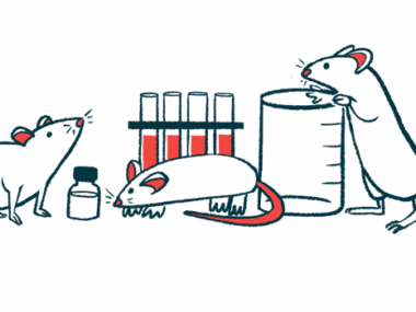 A trio of mice climb in and around a beaker and several vials of blood in a laboratory.