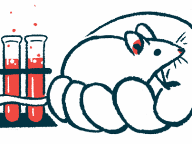 An oversized human hand holds a mouse in a laboratory, alongside a rack with three filled vials.