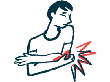 A person is seen clutching one elbow with the opposite hand, clearly experiencing pain at the joint.