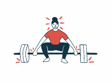 A person squats and grabs a heavy barbell in preparation for weightlifting.