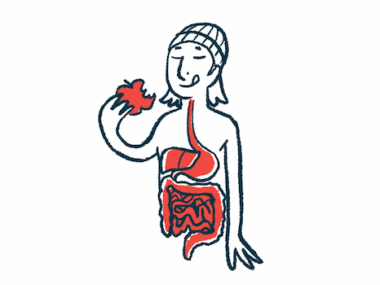 An illustration showing a woman's digestive tract as she's eating an apple.