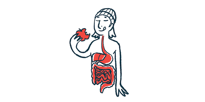 An illustration showing a woman's digestive tract as she's eating an apple.