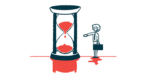 An illustration of mortality shows a person standing next to a giant hourglass that has sand going down into its bottom half.