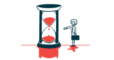 An illustration of mortality shows a person standing next to a giant hourglass that has sand going down into its bottom half.