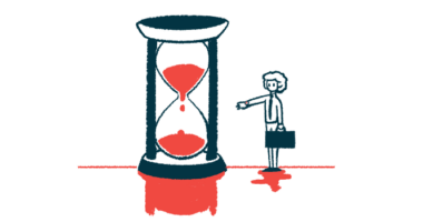 An illustration of mortality shows a person standing next to a giant hourglass that has sand going down into its bottom half.