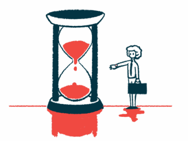 An illustration of mortality shows a person standing next to a giant hourglass that has sand going down into its bottom half.