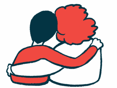 Two are side side by side from the back with their arms around each other in a side hug.