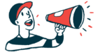 A person wearing a baseball cap speaks with a megaphone in this announcement illustration.