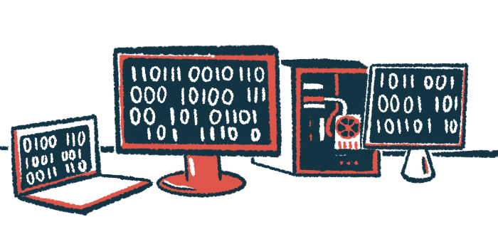 A close-up view of several computers shows coding on each of their screens.