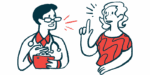 A woman gestures as she speaks to a clinician.