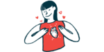 A woman smiles and holds herself as her heart is shown beating under her shirt.