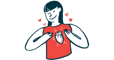 A woman smiles and holds herself as her heart is shown beating under her shirt.