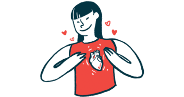 A woman smiles and holds herself as her heart is shown beating under her shirt.