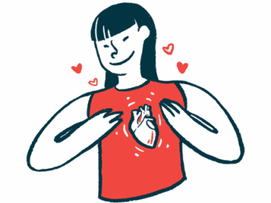 A woman smiles and holds herself as her heart is shown beating under her shirt.