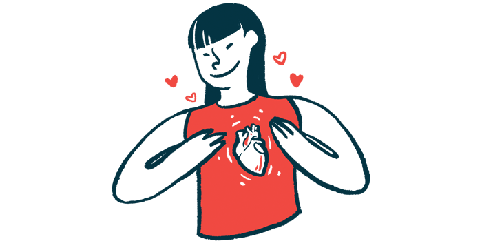 A woman smiles and holds herself as her heart is shown beating under her shirt.