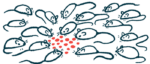 A large group of mice gather around red food pellets.