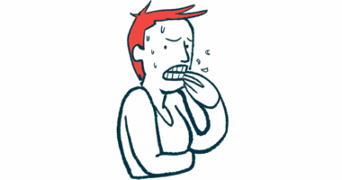 In this illustration of anxiety, a nervous-looking person is seen sweating profusely and biting their fingernails.