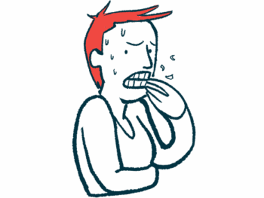 In this illustration of anxiety, a nervous-looking person is seen sweating profusely and biting their fingernails.