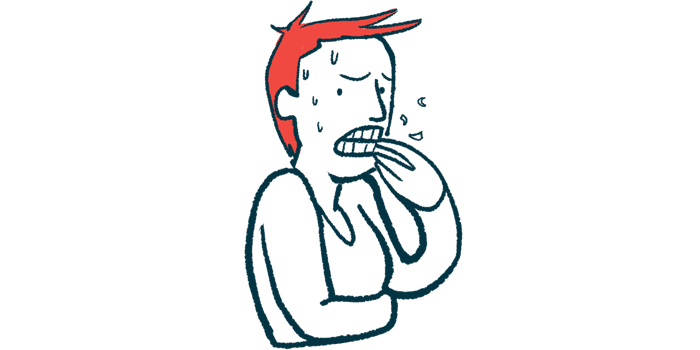 In this illustration of anxiety, a nervous-looking person is seen sweating profusely and biting their fingernails.
